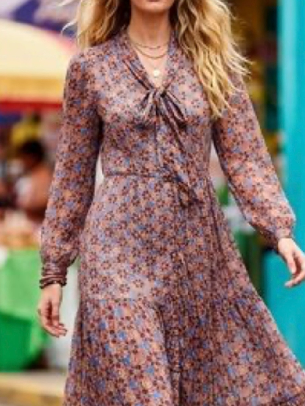 Marie Oliver Silk Blend Tie Neck Midi Dress Medium Geometric Print Boho